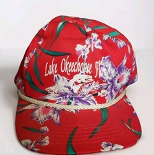 Vtg 80s San Sun Trucker Hat Snapback Rope Front Red Flower Print One Size Florid