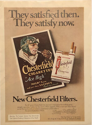 1975 New Chesterfield Filters Cigarettes PRINT AD Pilot - They Satisfy VTG  1970s