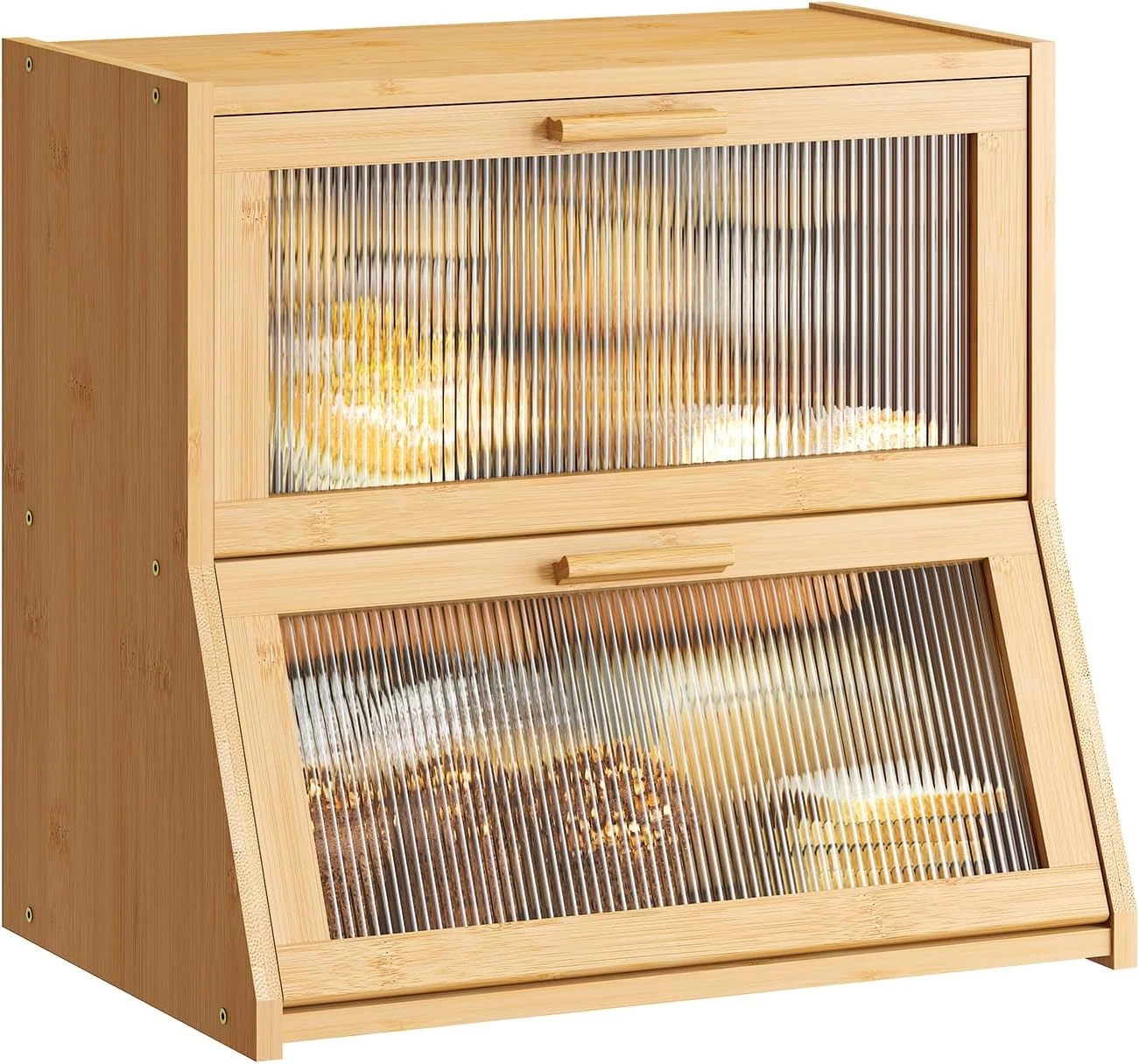 Extra Large Double Layer Bamboo Bread Box with Acrylic Wavy Door Panel