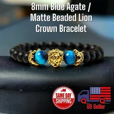 Gold Crown Lion 8mm 8-9.5” Blue Agate Crystal Stretch Beaded Bracelet