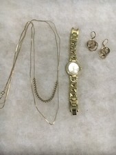 Gold Tone Lot W/ Necklace, Watch (working) & Earrings