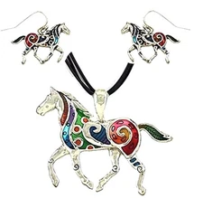 Colorful Horse Pendant and Earrings Set with 18" Cord Fast Shipping