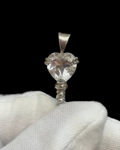 Sterling Silver Key Pendant - White Topaz Key to My Heart - 2” Length - Picture 3 of 8