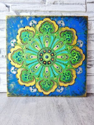 Mandala on wood Yoga art Original painting Green Meditation wall decor Zentangle