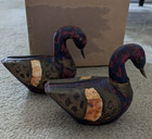 Pair Vintage Wooden Ducks With Copper And Brass Inlay Handpainted