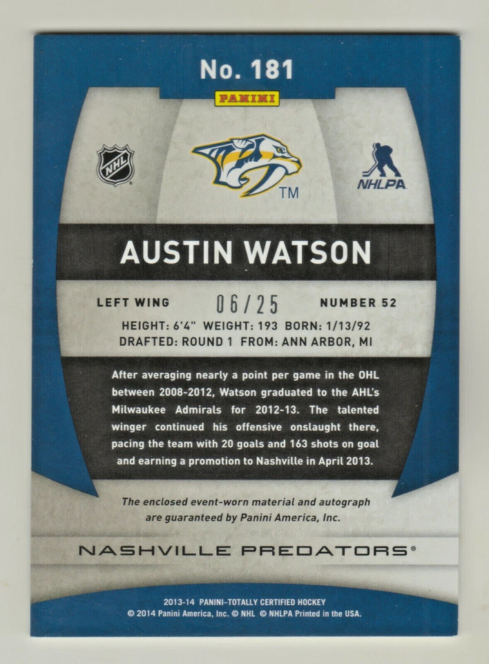 2013-14 Panini Totally Certified PLATINUM RED AUTO RELIC AUSTIN WATSON RC 6/25 - Image 2 of 2