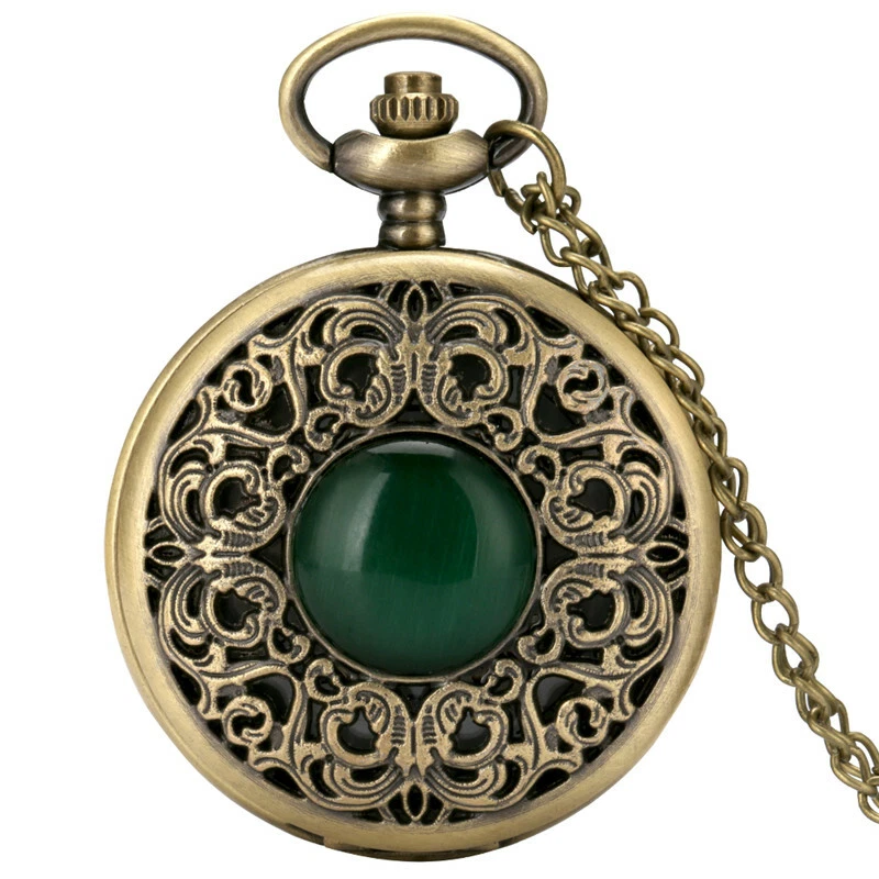 Green Stone Carved Pattern Bronze Quartz Pocket Watch Necklace