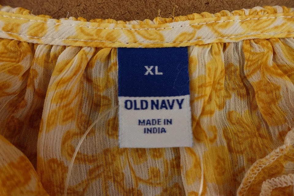 Old Navy 女式 XL 码黄色花卉印花绑带荷叶边雪纺上衣全新带标签 — 第 3/4 张图片