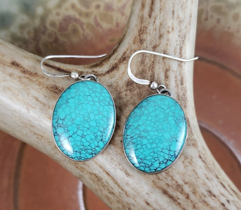 Joe Delgarito Navajo Waterweb Turquoise Sterling Earrings signed