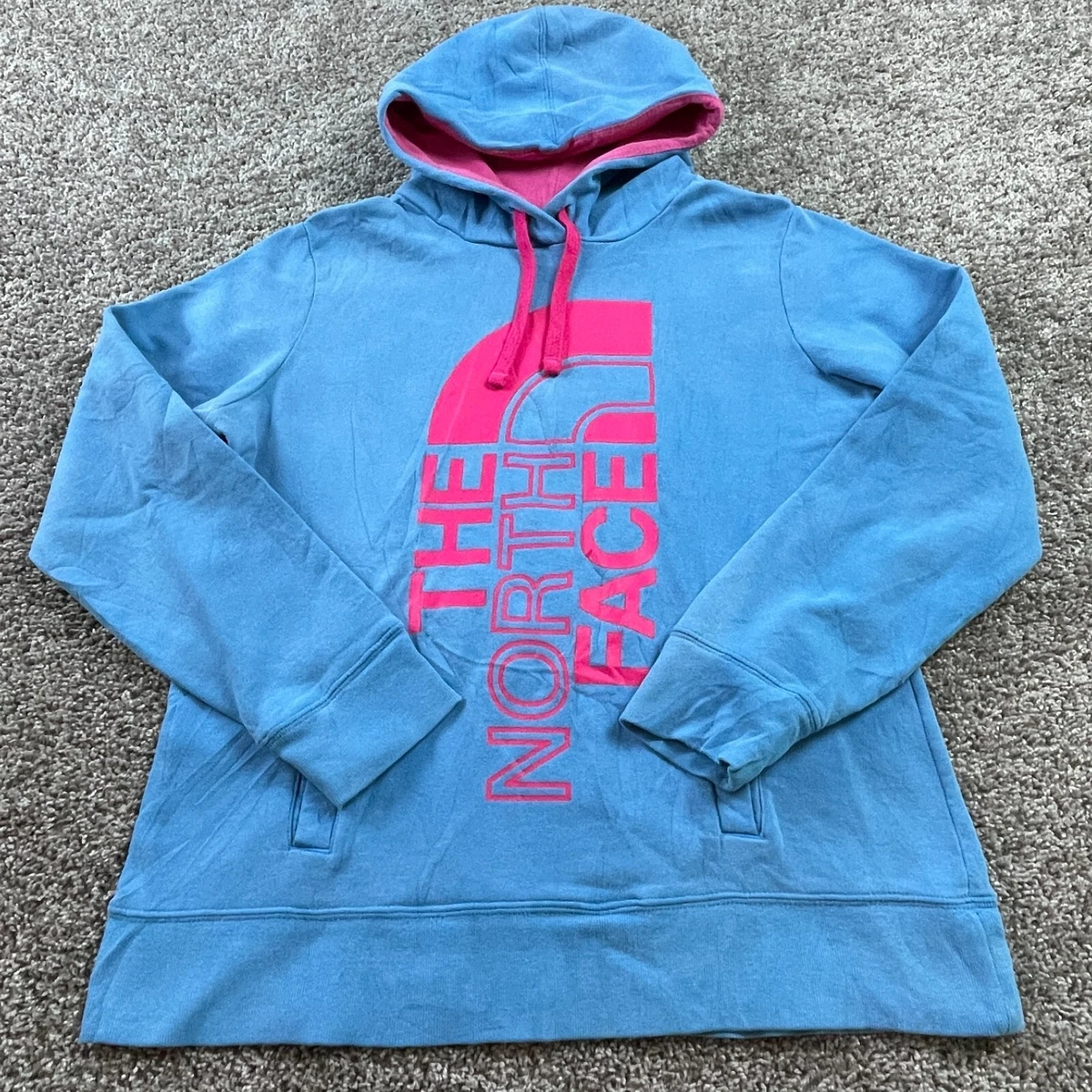 North Face Sweater Womens Large Blue Pink Logo Outdoor Hoodie Sweatshirt  Ladies