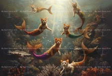 UNDERWATER MERMAID CATS ART PRINT, Sea Poster, Animal Kitty Siren Cat Decor E906