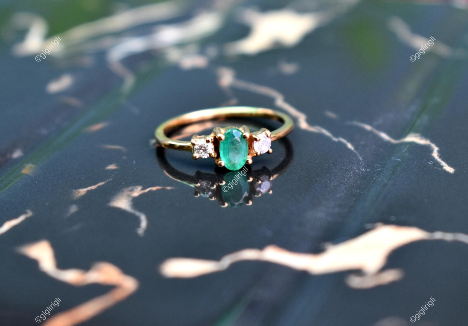 14K Yellow Gold Diamond & Emerald Band Ring Size 7 Good Friday Special