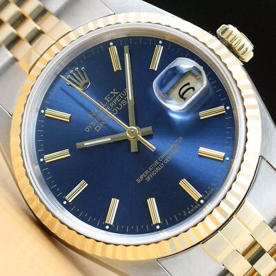 GENUINE ROLEX MENS DATEJUST TWO TONE BLUE STICK DIAL