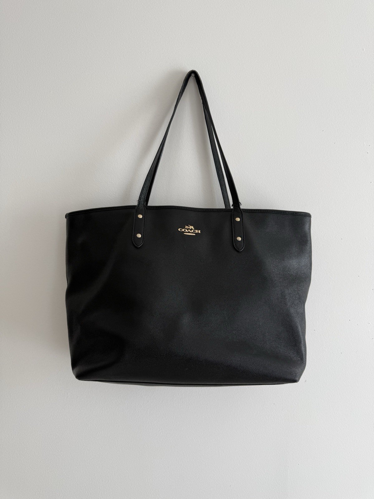 ✿ Coach New York Black Leather Tote Shoulder Bag Large Zip Top Shopper Purse