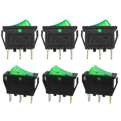 6 PCS Green Light Illuminated Rocker Switch SPST On-Off Toggle 3 Pin Snap-in