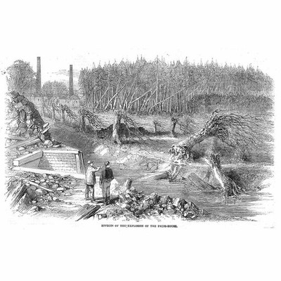LONDON Hounslow Pulvermühlen Explosionsszene im Pressehaus - alter Druck 1859