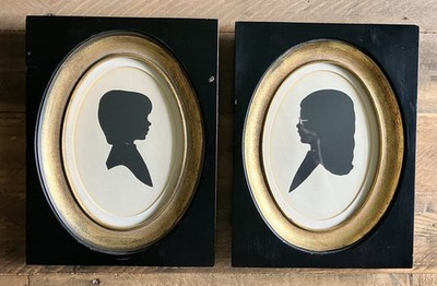 set of 2 silhouette portraits square framed oval opening matted