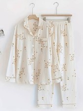 Floral print pajama set, long-sleeved button-up shirt and pants, sleepwear