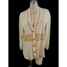 Vintage Size M Women's Cream Cardigan Sweater with Gold Stripes
