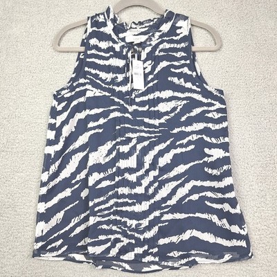 LOFT Blouse Womens Small Navy Zebra Print Pintucked Ruffle Tie Neck Shell NWT
