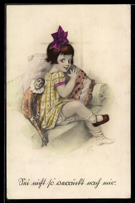 Künstler-AK H.S.: Sie ist so verrückt nach mir, Mädchen mit Harlekin-Puppe 1926 