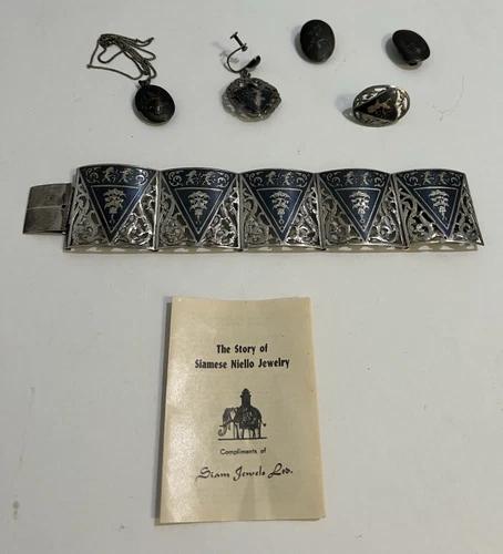 Lot of 6 Vintage Siam Niello Sterling Silver Jewelry Bracelet Pendant Clip On