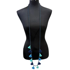 Vineyard Vines Long Tassel Beaded Necklace Blue Aqua Gold Tone Charm Jewelry