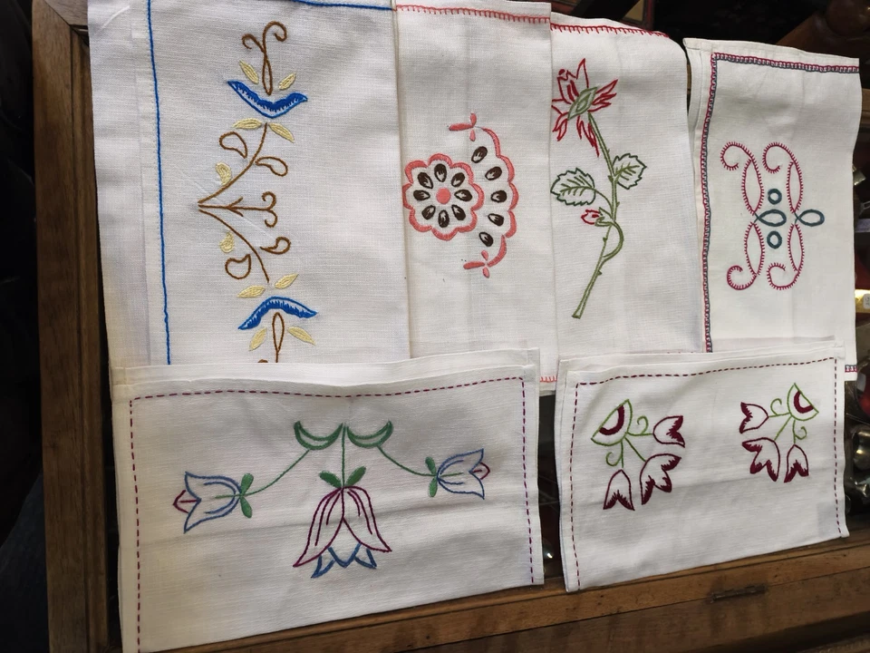 6 POCHETTES PORTE SERVIETTES DE TABLE ANCIENS BRODE MAIN EN LIN COTON - Photo 3/4