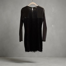 Express Black Fringe Sequin Mesh Cocktail Party Dress Long Sleeve Size S
