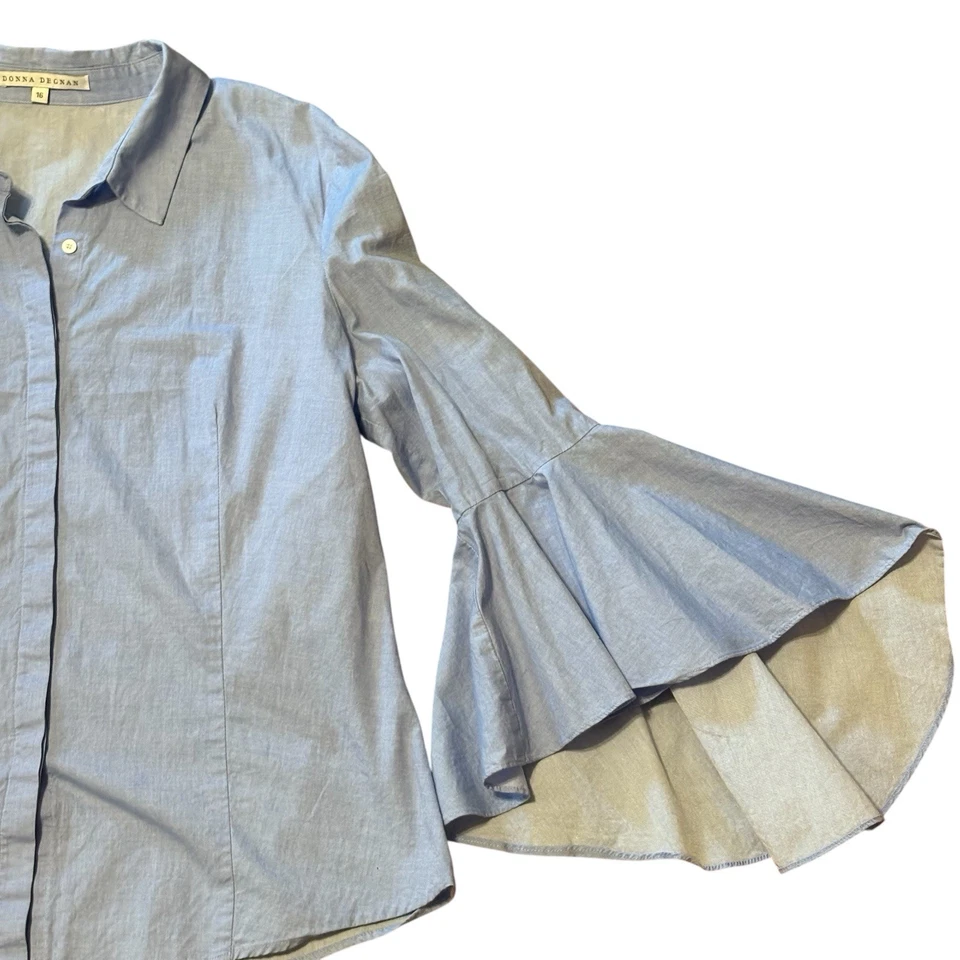 Blusa para mujer Donna Degnan talla 16 azul mangas campana algodón abotonado Foto 3 de 4
