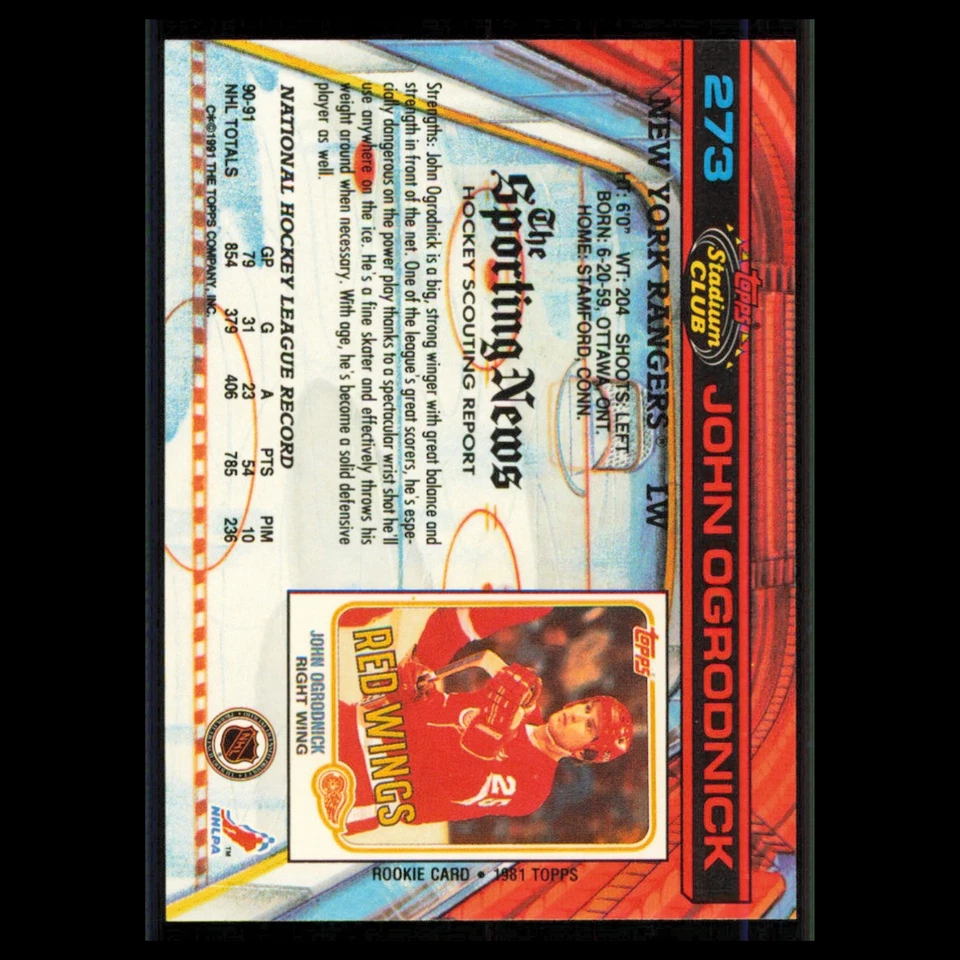 John Ogrodnick #273 1991 Topps Stadium Club New York Rangers Hockey Card NHL NM - Image 2 of 3