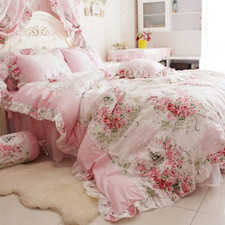 Pink Rose Princess 4 Piece Bedding Set Cottage Duvet Cover Bedskirt with Lace fo
