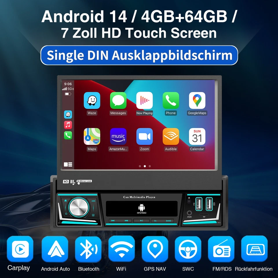 4+64G 1 DIN 7" Android 14 Manual Flip Out Autoradio DAB+ GPS WIFI Carplay Kamera - Bild 2 von 4