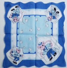 Vintage Blue Monkey Scalloped Edge Handkerchief Hankie 9" x 9"