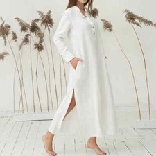 Cotton Linen Women Retro Button-Up Maxi Long Kaftan Side Slit Casual-Shirt-Dress