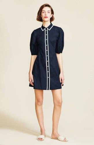 $395 Pearl by Lela Rose | Cotton Poplin A-Line Dress | Navy | 12 - Picture 7 of 8