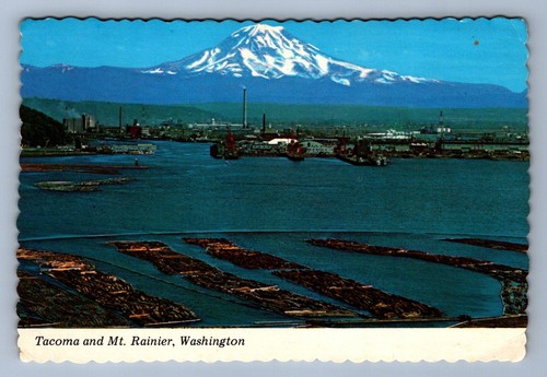 Postcard Vtg Washington Tacoma And Mt Rainier Mountain Log Rafts 4x6