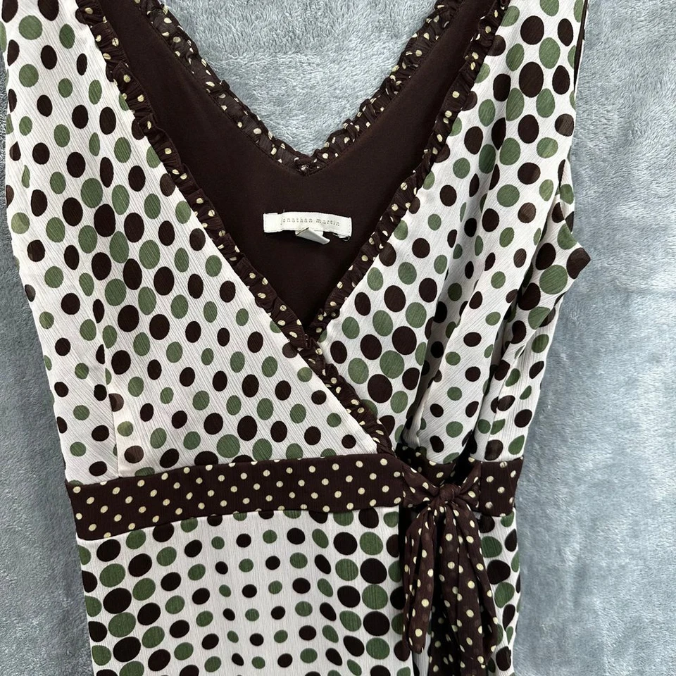 Vestido Jonathan Marcin Mujer 12 Beige Envolvente Lunares Envoltura Cottage Midi Volantes Años 90 Foto 4 de 4