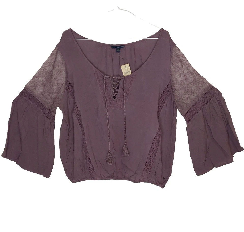 NUEVO Top Campesino American Eagle Boho XL Bordado Encaje Transparente Manga Larga Púrpura