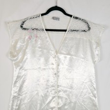 Vintage Val Mode Satin Nightgown Womens Small White Floral Tapestry Lace Glossy