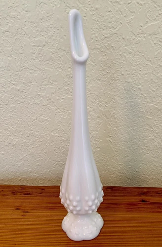 Vintage FENTON White Milk Glass Hobnail Swung Bud Vase 11.75” Bottom Mark