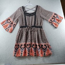 Miss Me Women's Dress Size M Black Coral Paisley Peasant Boho Bell 3/4 Sleeve