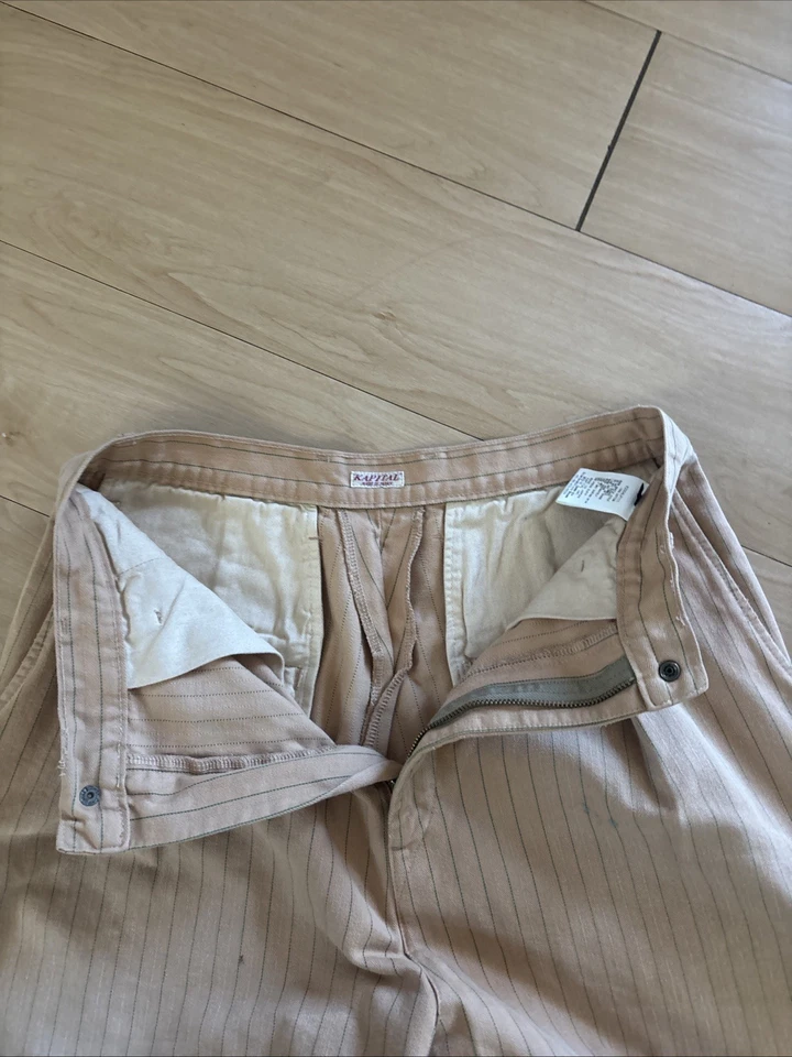 Pantalones holgados plisados Kapital talla L grandes marrón verde a rayas Foto 3 de 4