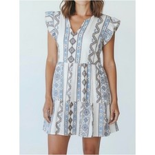 LOFT Petite Boho Dress LP Flutter Sleeve White Blue