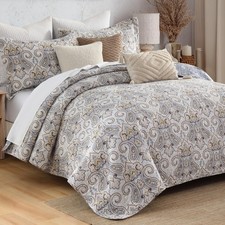 100 Cotton King Quilt Set Blue Gray and Taupe Paisley Floral Bed... Fas