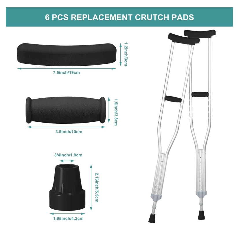 6pcs Crutch Pads Replacement Kit with Hand Grips & Tips for Aluminum Crutches