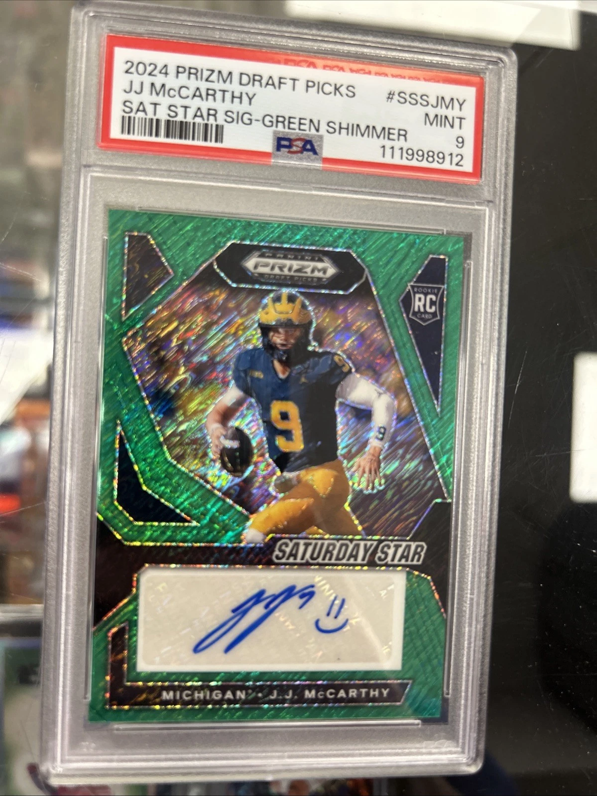 JJ McCarthy Panini Prizm Draft Picks Saturday Star Signatures #SSSJMY Green Shimmer