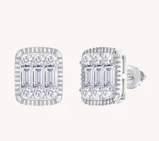 1/3 Ct Round & Baguette Cut Lab Grown Rectangle Stud Earrings 14K Gold Plated