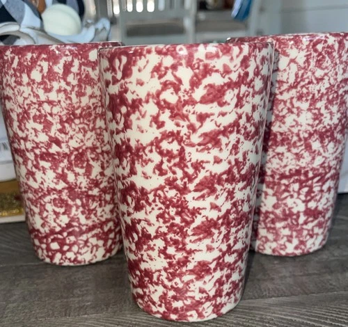 Set of 3 Rare 12oz. red Roseville Spongeware Tumbler Workshop Of Gerald Henn