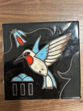 Vintage Cleo Teissedre Ceramic Tile Trivet Hummingbird 4” square